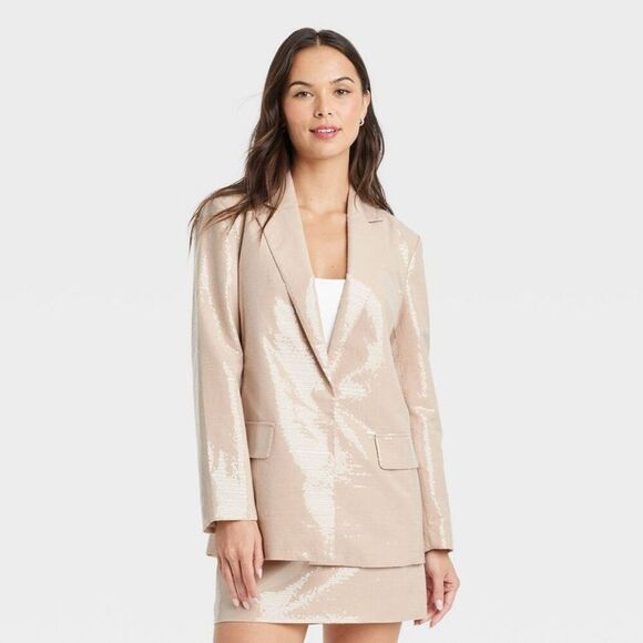 A New Day -  Women's Sequin Blazer Jacket Front Snap  Tan - Picture 1 of 4